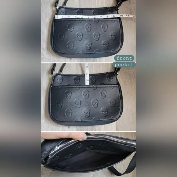 Mad Engine Monogram Skull Embossed Black Shoulder Zippered Bag, 19" - Picture 7 of 16